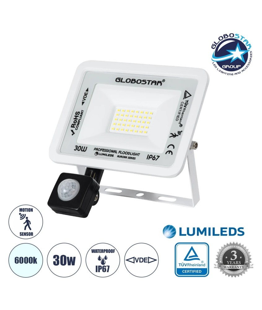 GLOBOSTAR® AURORA 64440 Προβολέας με Ανιχνευτή PIR - Αισθητήρα Κίνησης LED 30W 3750lm 120° AC 220-240V Αδιάβροχο IP67 Ψυχρό Λευκό 6000K - Lumileds SMD Chip - TÜV Rheinland Certified - Λευκό Ματ - Μ16 x Π5 x Υ17.5cm - 3 Χρόνια Εγγύηση